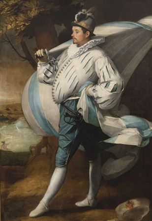 Portrait présumé de Cornelis Jacobsz. Schout (vers 1570-après 1621) en porte-étendard de la garde civile de Haarlem, en pied