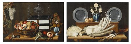 Nature morte aux coffre laqué, coupe de fruits, vase de fleurs, artichaut et grenade ; Nature morte aux cardon, assiettes en étain et vase de fleurs, une paire