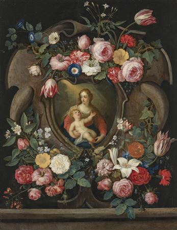 Vierge à l'Enfant dans un cartouche en trompe-l'oeil entouré de guirlandes de fleurs