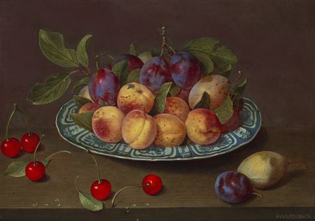 Nature morte aux plat en porcelaine kraak, cerises, prunes et abricots sur un entablement