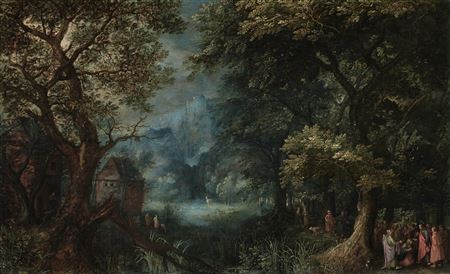 Jésus et la Femme hémorroïsse dans un paysage boisé