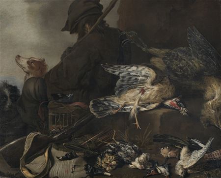 Le Repos du chasseur auprès de deux chiens, de deux perdrix, d'un butor, d'une huppe fasciée, de bouvreuils et d'autres oiseaux