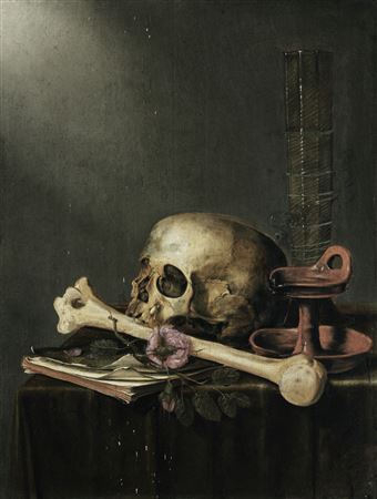 Vanité aux memento mori, lampe à huile, livre, rose et pass glass