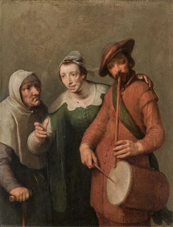 Un joueur de flûte jouant du tambour avec une jeune et une vieille femme