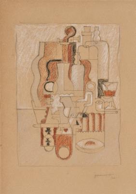 Vertical Still Life: Violin, Violin Case, Bottles, Glasses
