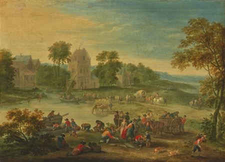 A fish market by a river, a village beyond