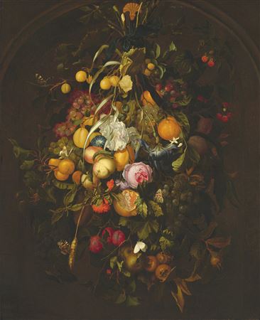 A bunch of fruit, berries and flowers hanging in a niche