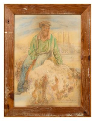 African American Man Sitting on a Bale of Cotton, Port of New Orleans (Study for Commerce Along the Mississippi River, 1850-1900)