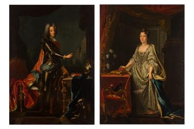 Portrait of King William III of England (1689-1702), full length, wearing armour and holding a globe, a dog beneath the table; Portrait of Queen Mary II of England (1689-1694), full length and holding a crown, a small dog on the chair