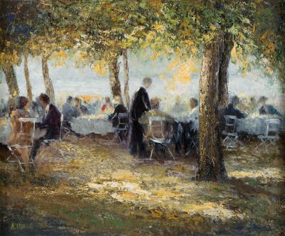 Cafe Garden at Lake Starnberg by Alexander Thiele - Auction record, sale price, and art valuation. Compare with similar artists and explore comparable artworks.