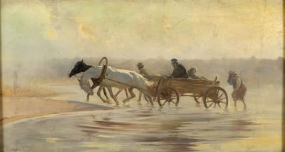Two-horse carriage crossing a ford