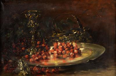 Still life with cherries and silver goblet