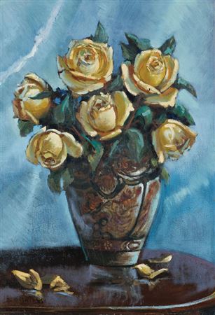 YELLOW ROSES IN A PORCELAIN VASE