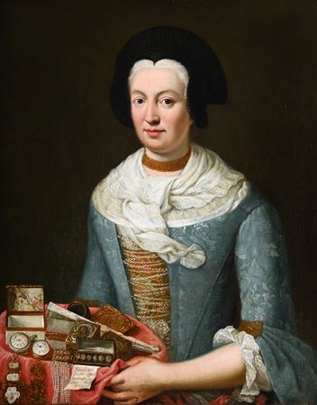 PORTRAIT OF A LADY HOLDING A TRAY OF OBJETS DE VERTU