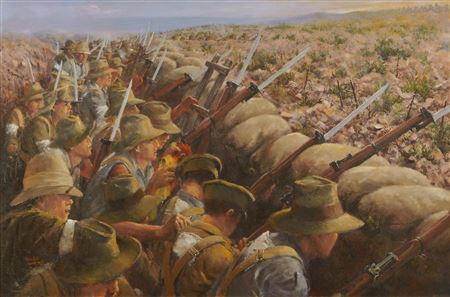 Awaiting the Whistle-The Nek Gallipoli 7.8.1915 at 04.29 hours, 8 & 10 Light Horse Regiments by Allan Waite - Auction record, sale price, and art valuation. Compare with similar artists and explore comparable artworks.
