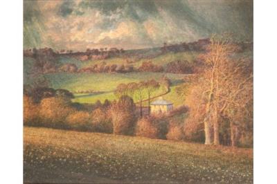 A landscape with a house in the distance