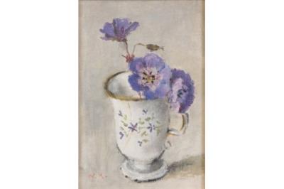 Still life study of pansies in a mug