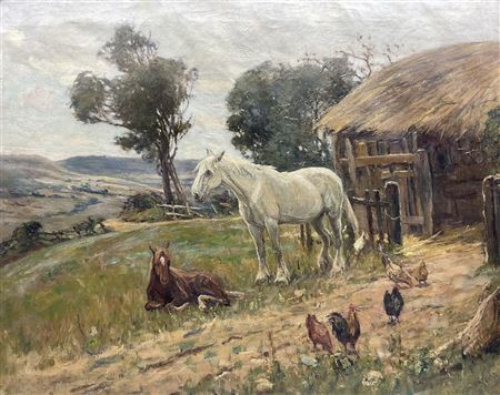Ponies and Chickens in the Farmyard
