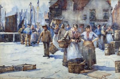 Whitby Fish Market - Outside the Marine Hotel by Frank Rousse - Auction record, sale price, and art valuation. Compare with similar artists and explore comparable artworks.