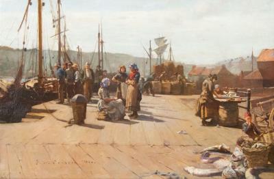 Sorting Fish on Whitby New Quay, with Larpool Woods in the distance by Frederick William Jackson - Auction record, sale price, and art valuation. Compare with similar artists and explore comparable artworks.