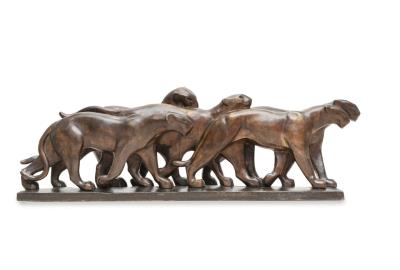 Group of five walking leopards