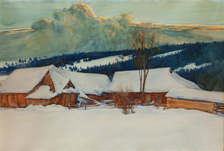 Winter landscape from Olcza, 1916 by Aleksander Augustynowicz - Auction record, sale price, and art valuation. Compare with similar artists and explore comparable artworks.