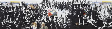 Sample artwork by Edward Dwurnik (1943 - 2018), known for painting,  abstract urban scene, buildings, non objective, still life, athletic figure - View similar artists and auction records