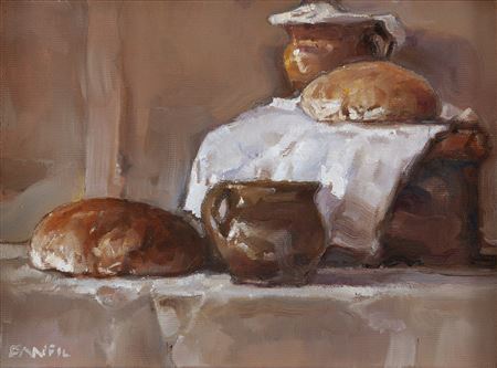 Still life with loaves of bread by Jozef Panfil - Auction record, sale price, and art valuation. Compare with similar artists and explore comparable artworks.