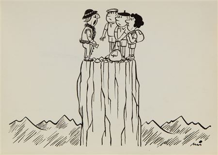 "I am so sorry, but I do not know how to get down!", satirical illustration