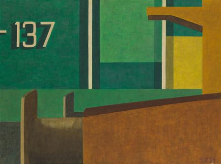 Sample artwork by Igor Przybylski (Born 1974), known for geometric abstract paintings of locomotives - View similar artists and auction records