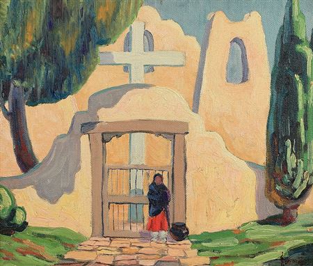 Sample artwork by Lloyd Lhron Albright (1896 - 1950), known for modernist-leaning landscape, indians, pueblo, carver - View similar artists and auction records