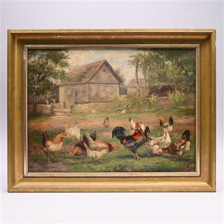 Rooster and Hens in a Barnyard
