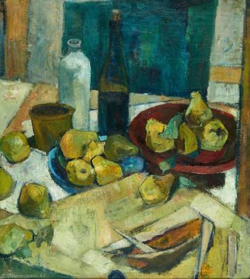 Still life with Pears and Wine Bottle