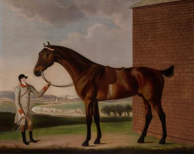 A Groom Holding His Bay Racehorse Beside the Stables