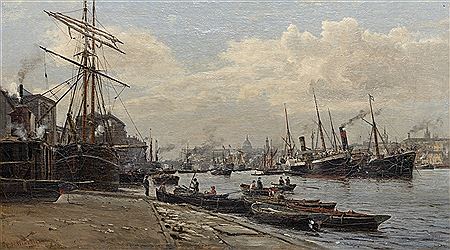 The Port of London (The River Thames at Horselydown Old Stairs) by Frederick A Winkfield - Auction record, sale price, and art valuation. Compare with similar artists and explore comparable artworks.