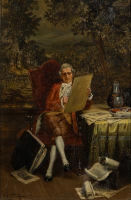 A Seated Man Studying Papers