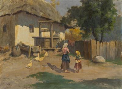 Figures in a Farmyard with Ducks