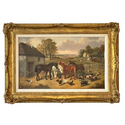 Horses, Pigs and Fowl Beside a Barn