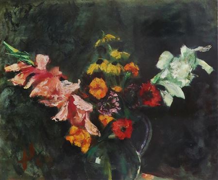 Colorful Garden Bouquet with Gladioli in Glass Jug