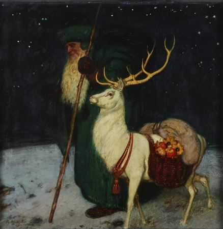 Winter Night with Saint Nicholas and the Silver Stag, laden with gingerbread and gifts, above them the starry sky