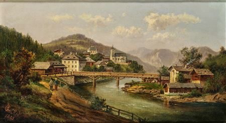 Flusslandschaft mit Dorf und Brücke
