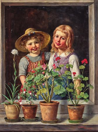 Geschwister am Fenster mit Geranien und Froschgoscherl by Ludwig Kohrl - Auction record, sale price, and art valuation. Compare with similar artists and explore comparable artworks.
