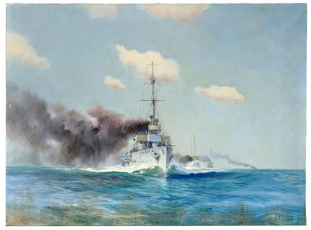 K. u. k. Kreuzer SAIDA, HELGOLAND und NOVARA mit ganzer Kraft am 15. Mai 1917 in die Otrantostraße dampfend