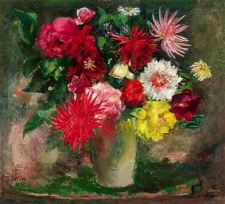 Blumenstrauß mit Dahlien und Rosen by Anton Velim - Auction record, sale price, and art valuation. Compare with similar artists and explore comparable artworks.