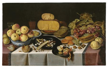 Cheese, fruit, sugared nuts and letter biscuits on pewter plates, a basket of grapes, apples in a porcelain bowl, butter curls on a plate, bread, nuts, a Berkemeyer, a glass of beer and a flute, on a draped table by Roelof Koets I - Auction record, sale price, and art valuation. Compare with similar artists and explore comparable artworks.