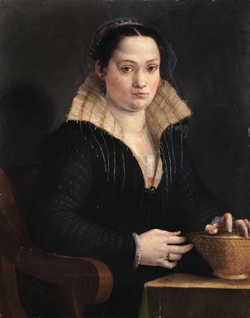 Portrait of a lady, half-length, wearing a black dress and resting her hand on a basket