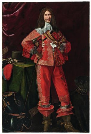 A portrait of a nobleman, full-length, in a red and gold embroidered doublet with a broad lace collar, wearing the cross of the Order of Malta, a cane in his right hand and a hound at his side