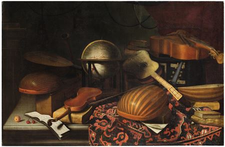 Archlutes, a violin, bass viola, guitar, mandora, books, sheets of music and a globe on a woven carpet, draped over a stone ledge, with an apricot and two cherries lower left