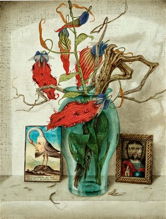 Still life with flower vase and small Christ picture and small picture "zieh sich einer selbst by Der Nasn"