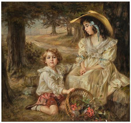 Portrait of Manuel Escandón y de Salamanca (1898-1956) and his mother Petronila "Tolita" de Salamanca y Hurtado de Zaldivar (1869-1951), IV Marquesa de Villavieja, in the garden with a basket of rowan berries by Tini Rupprecht - Auction record, sale price, and art valuation. Compare with similar artists and explore comparable artworks.